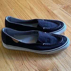 Sperry Black Canvas Loafers with White Trim
